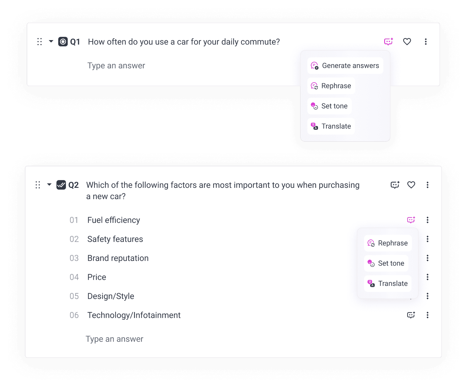 Question and answer level AI assistance options