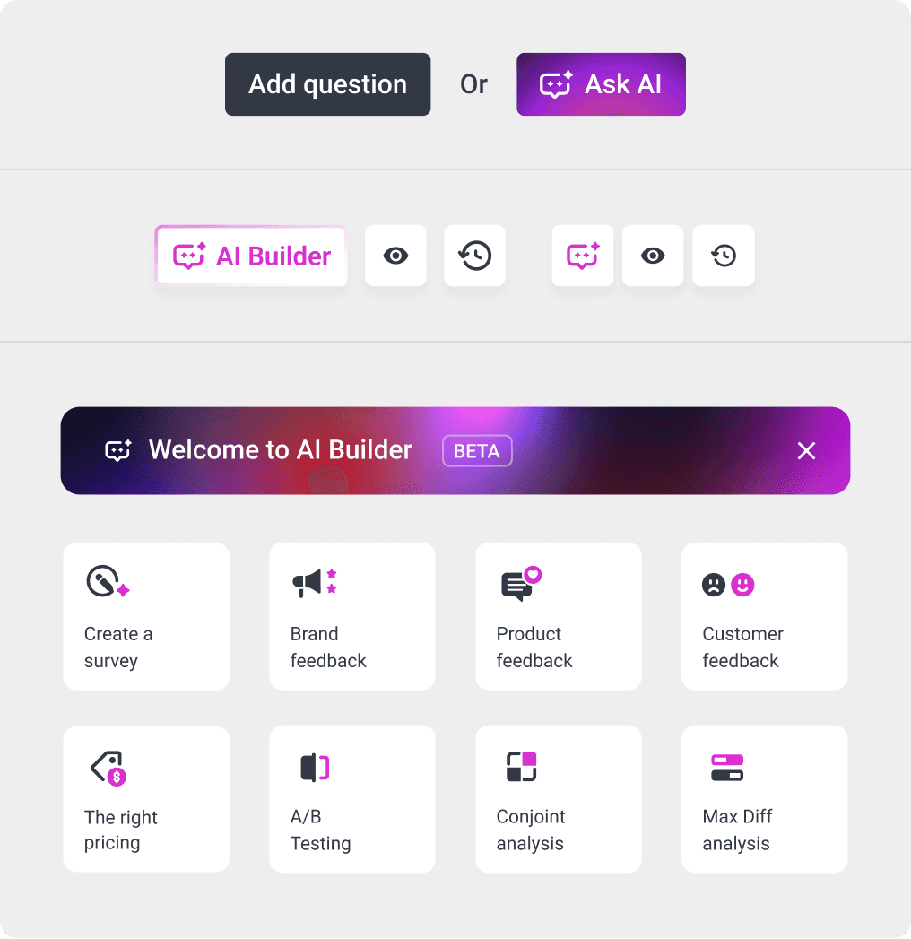 Refined AI Builder interface with branded actions and capability cards
