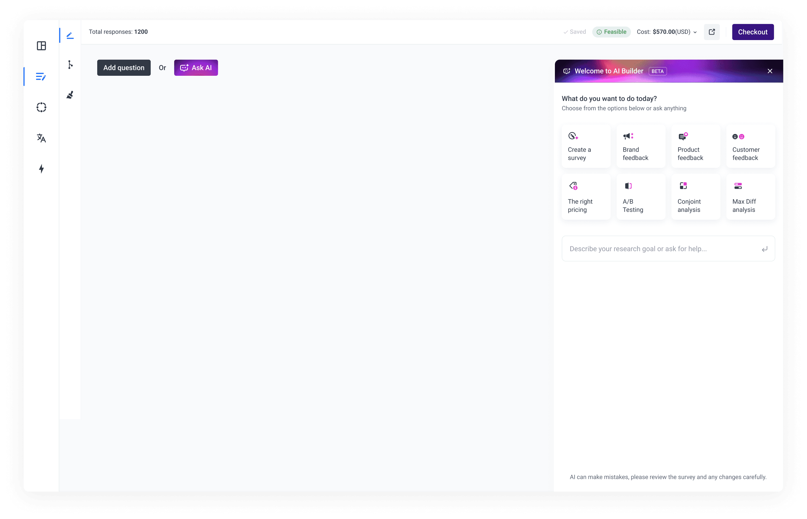 AI Builder panel with guided survey creation options