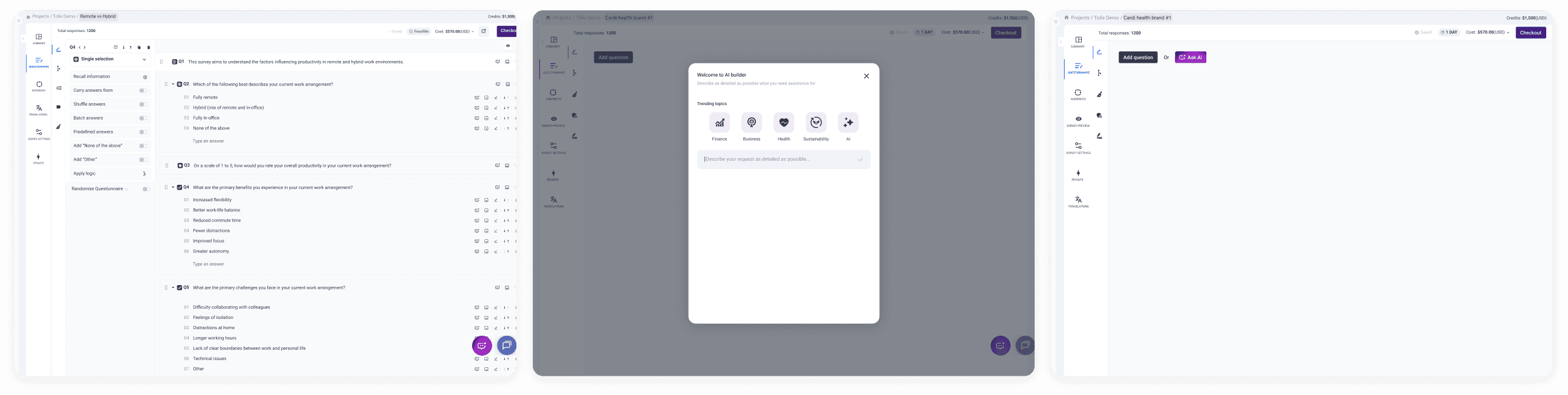 Exploring different AI call-to-action placements in the questionnaire builder