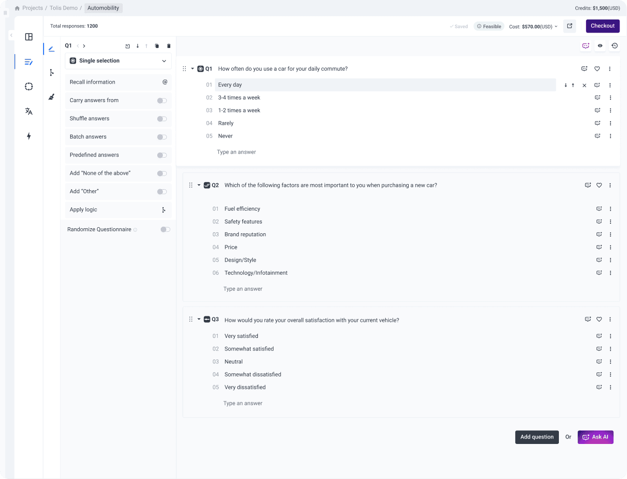 AI placement in an active questionnaire with existing questions