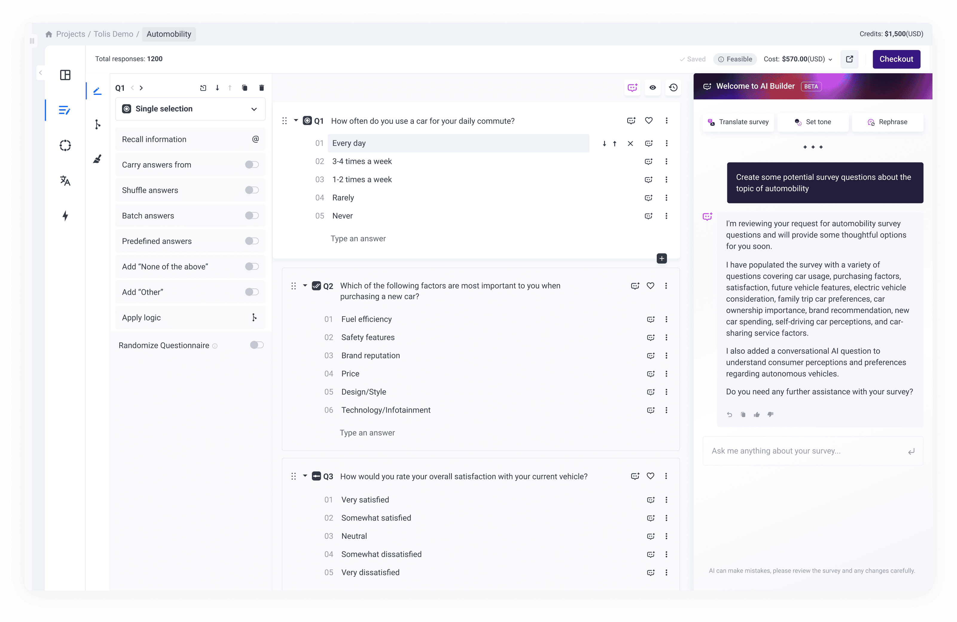 AI Builder adapting options to an existing questionnaire context