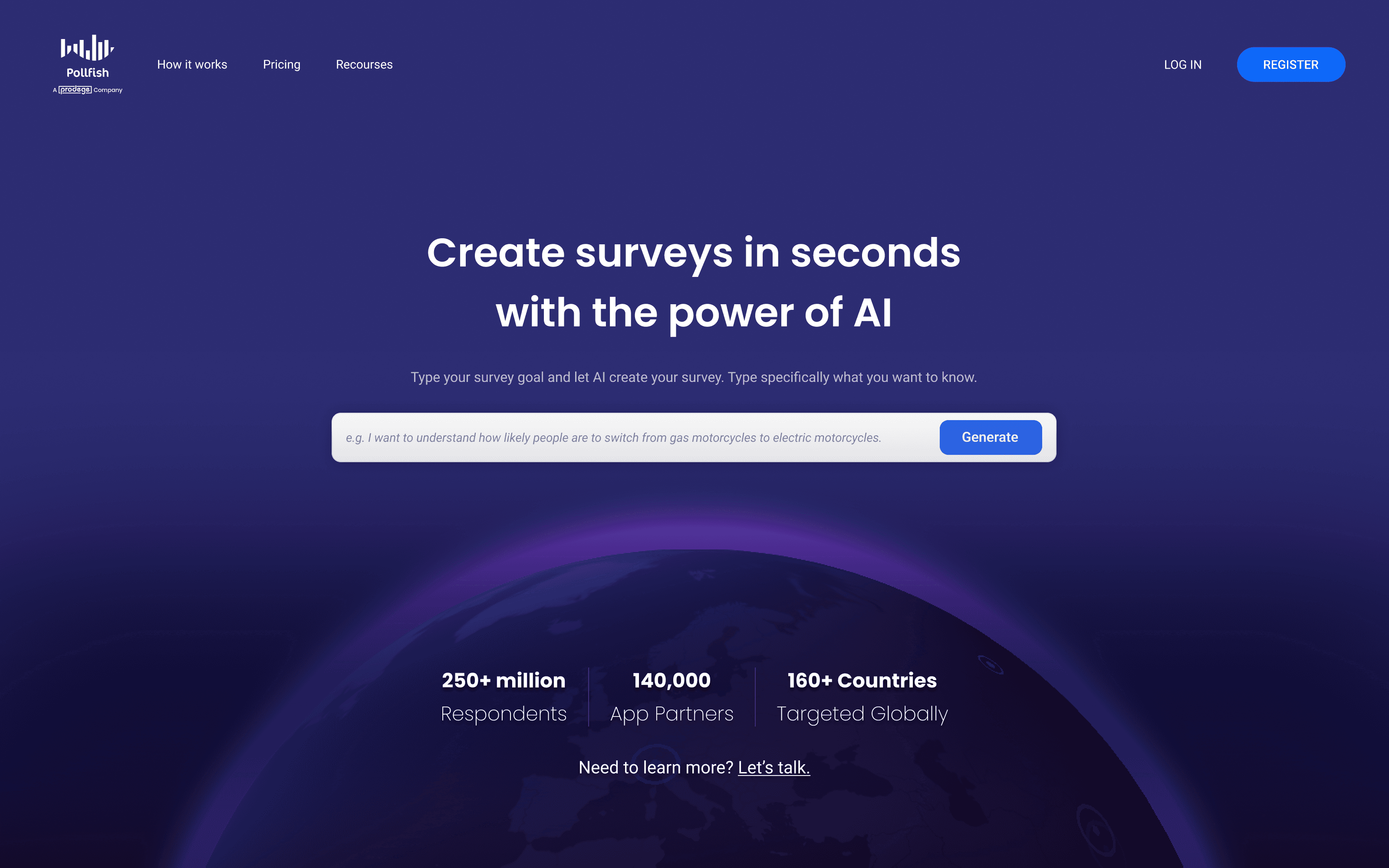 Early AI survey generation entry on Pollfish homepage