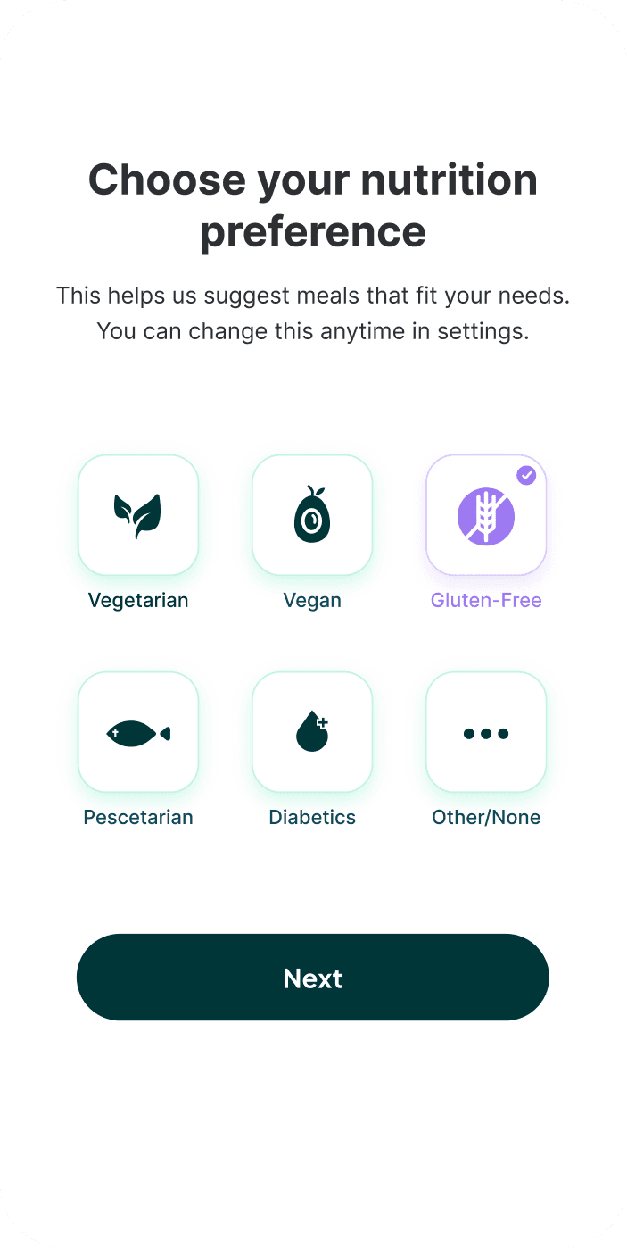 CtrlEat choose nutrition preference screen