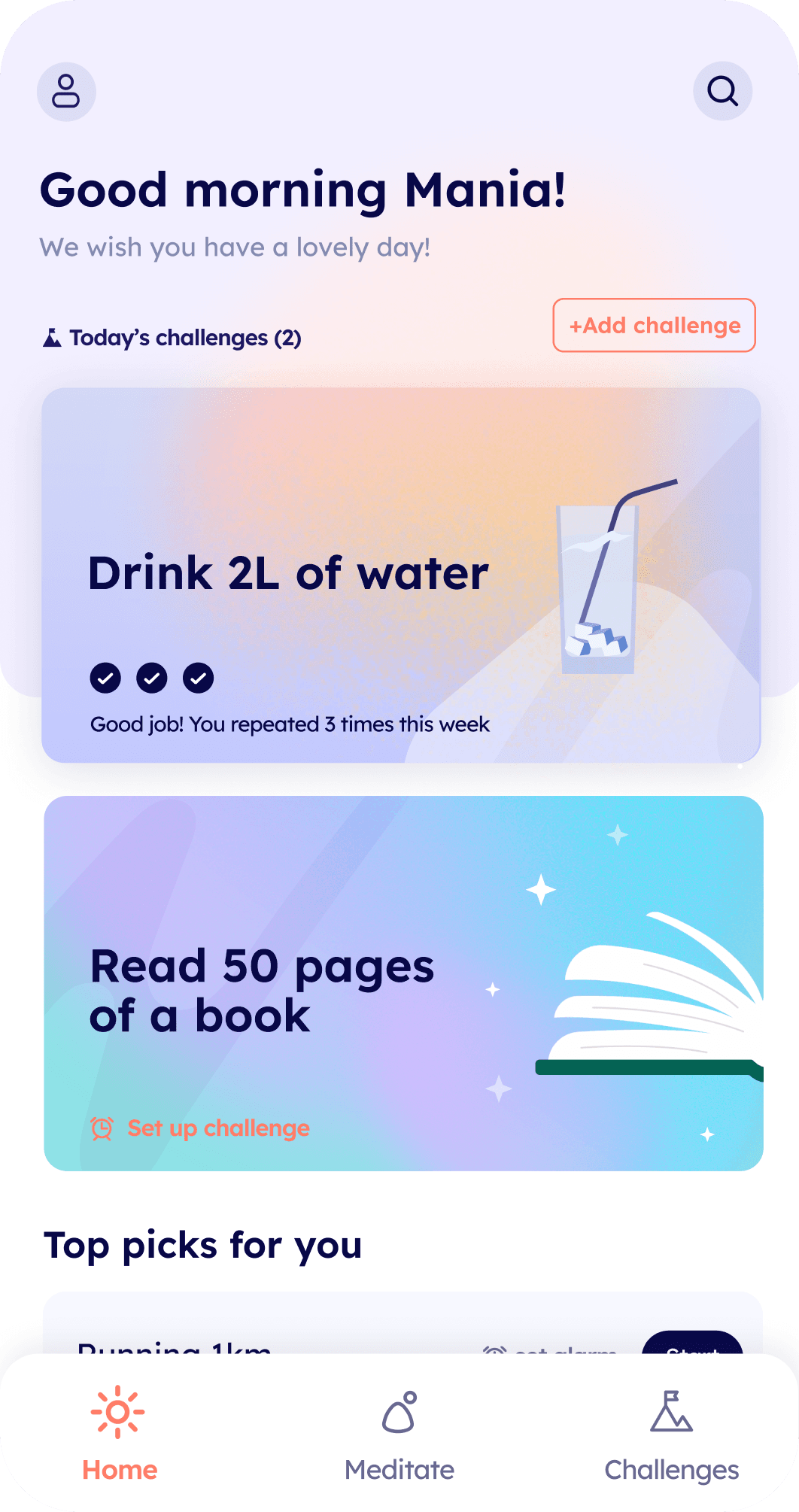 Minddy homepage challenges screen