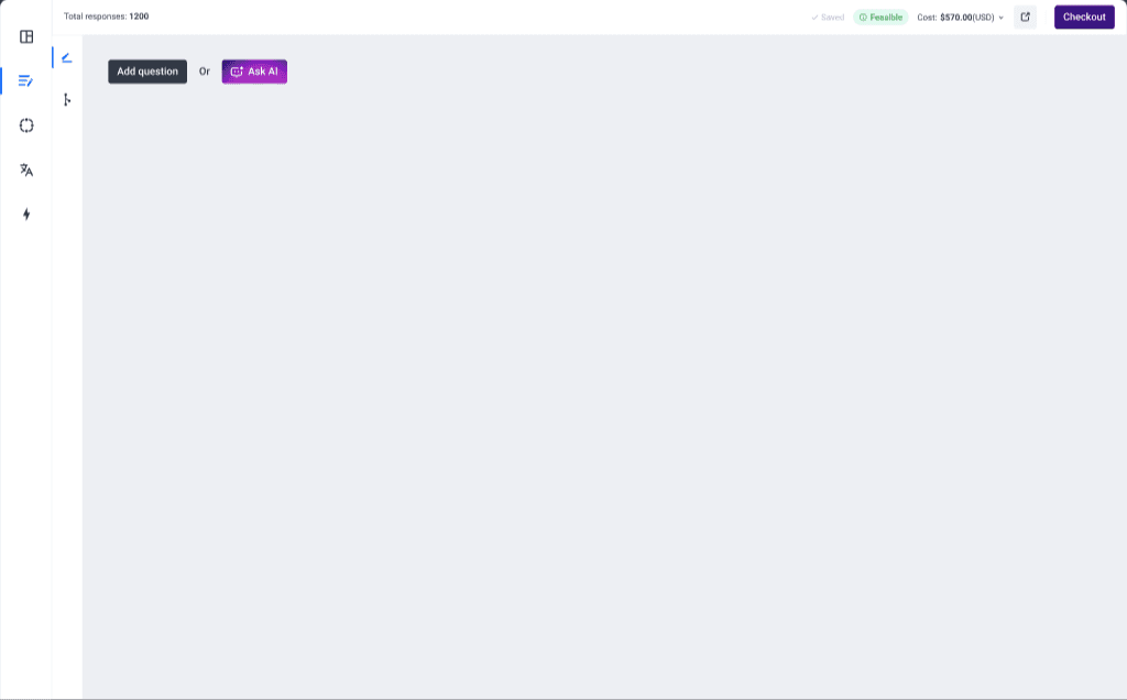 Empty questionnaire page with Add question and Ask AI actions