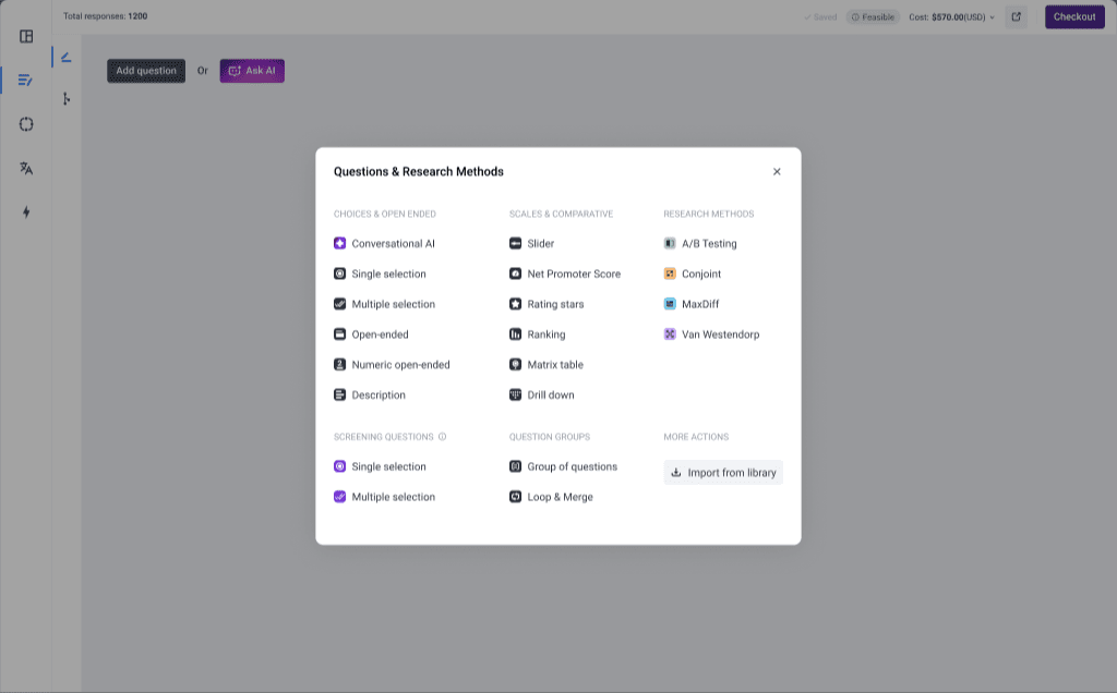 Question type modal opened in the center of questionnaire builder