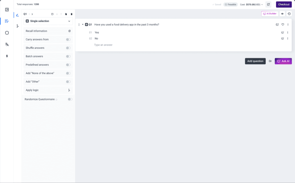 First question completed with answers in questionnaire builder