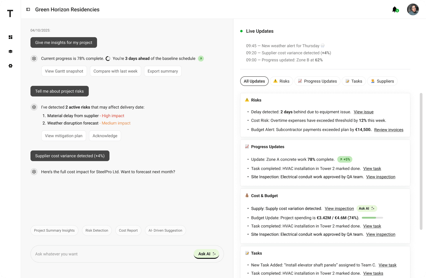 Tild AI insights and live updates interface